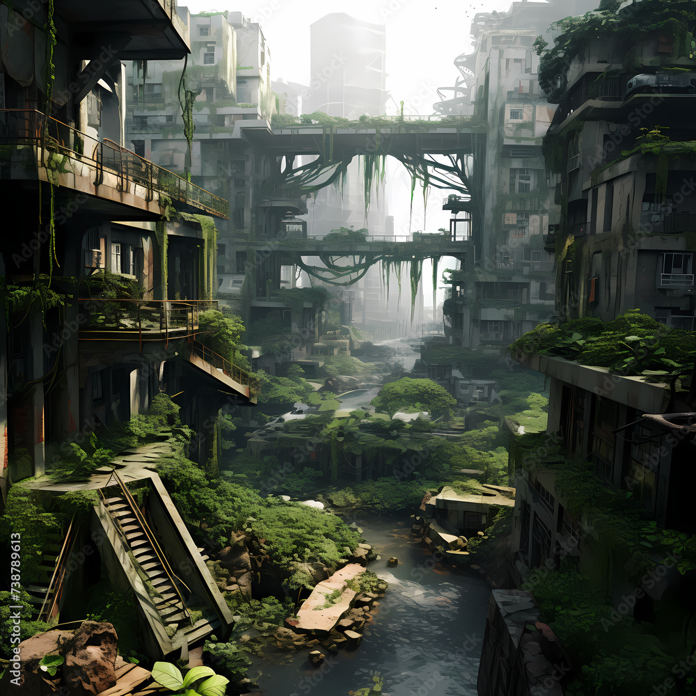 Dystopian future with overgrown urban ruins. 