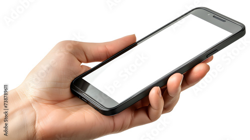 A person's hand holding a cell phone with a white screen against a white background.