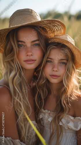 Two individuals wearing straw hats are posing in a sunlit field with tall grasses around them © TheGoldTiger