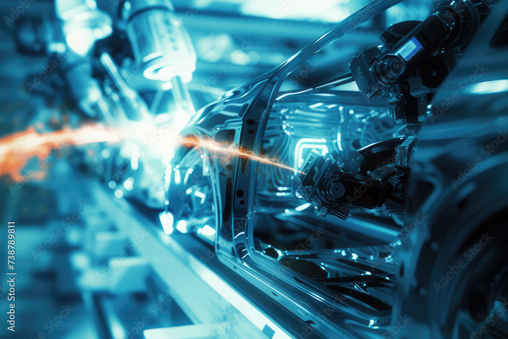 Obraz premium robotic arms welding parts on car body on automated production line