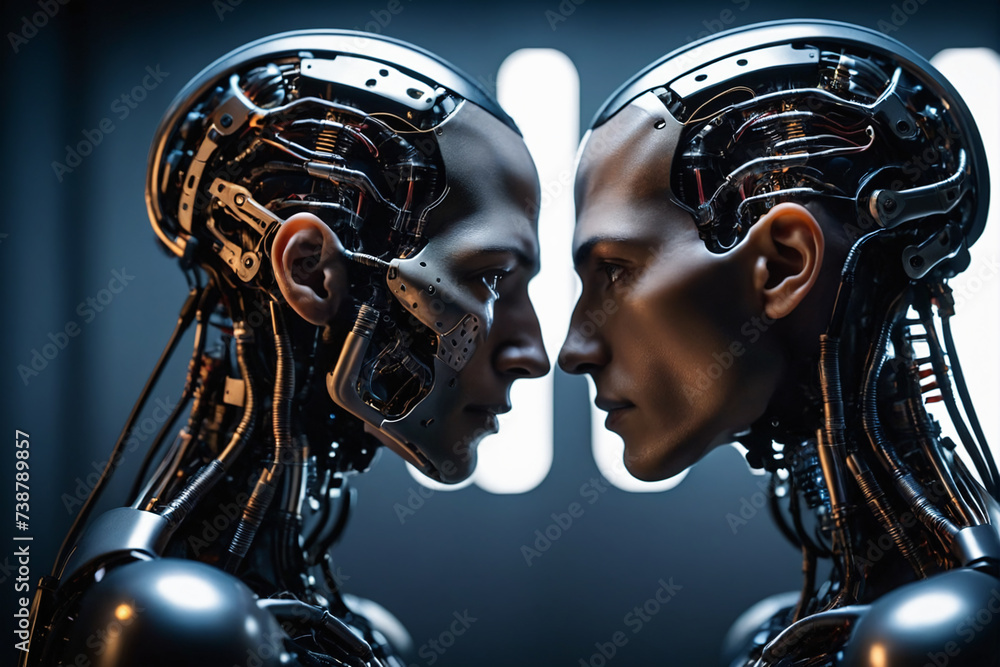 Side view of a two cybernetic faces facing each other, representing artificial intelligence Side view of a two cybernetic faces facing each other, representing artificial intelligence