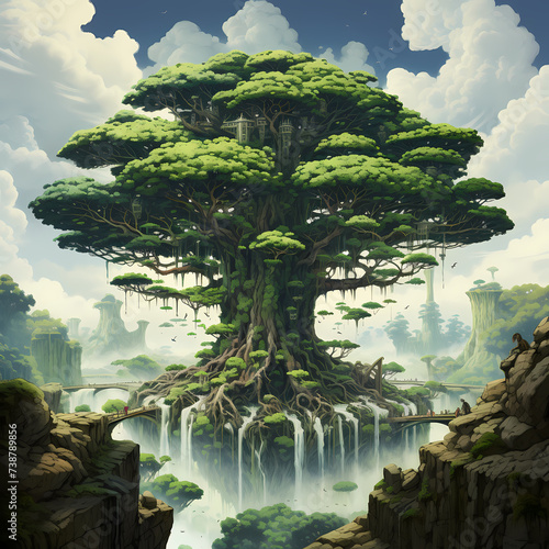 Enormous tree with floating islands as leaves. © Cao
