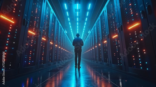 Person stands in futuristic server room with blue lights, exuding mystery, technology, and advanced computing atmosphere