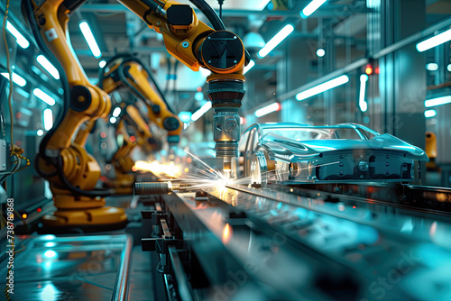 robotic arms welding parts on car body on automated production line photo
