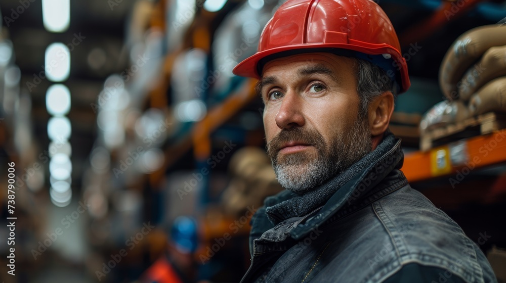 A man wearing a red hard hat is in a warehouse, gazing thoughtfully into the distance - obrazy, fototapety, plakaty 