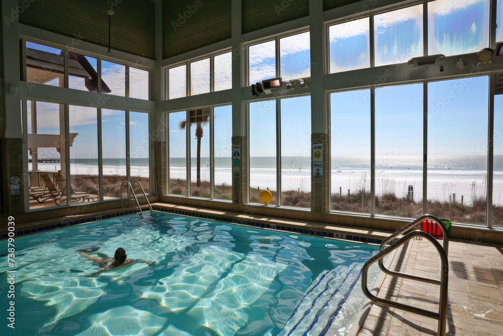 Shot of indoor pool with large windows overlooking the beach, person swimming