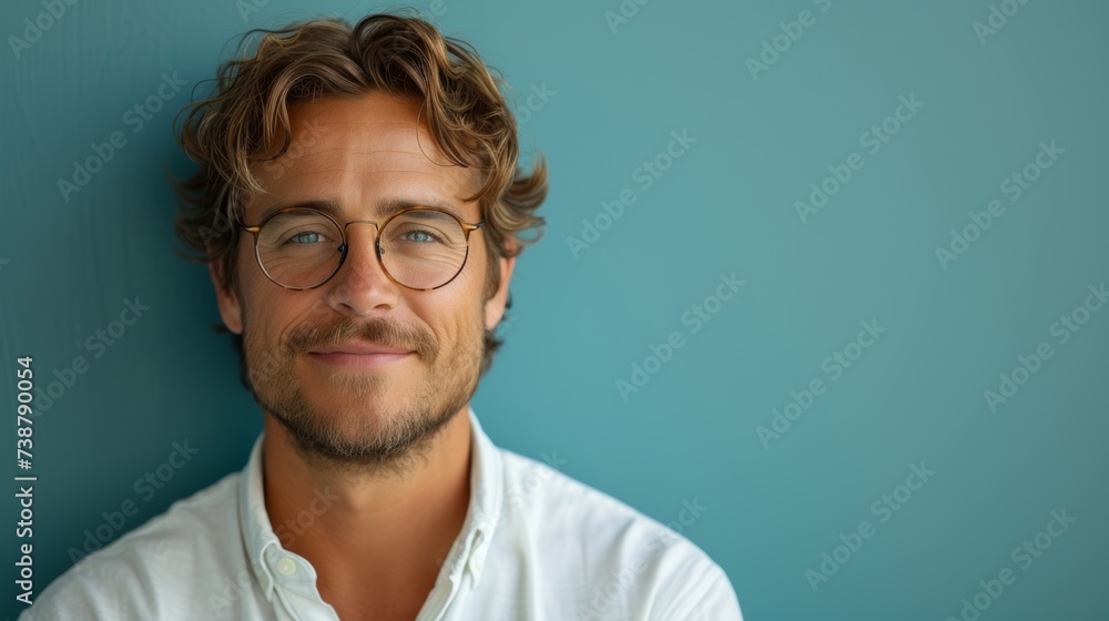 Fototapeta premium A smiling man with glasses against a blue background, wearing a white shirt, looking content