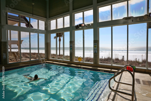 Shot of indoor pool with large windows overlooking the beach, person swimming © Kitta