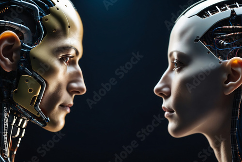 Side view of a two cybernetic faces facing each other, representing artificial intelligence photo