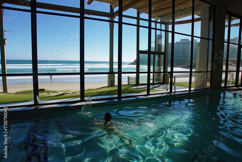 Shot of indoor pool with large windows overlooking the beach  person swimming