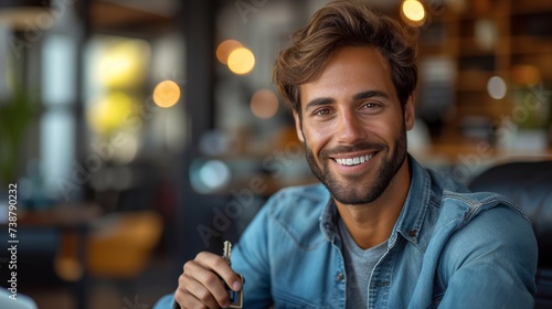 A smiling man holding a pen, with warm lighting in a cozy café setting behind him