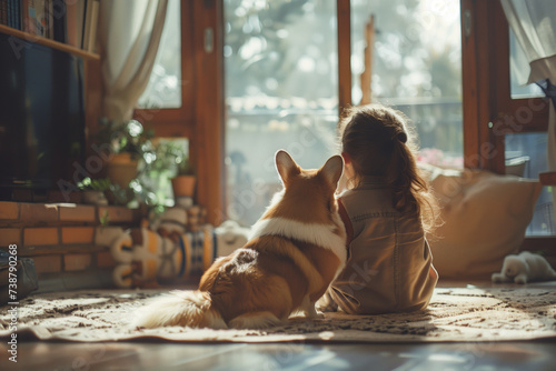 A girl and her corgi dog are enjoying each other's company on a cozy living room, the unspoken love and joy pets bring into our lives photo