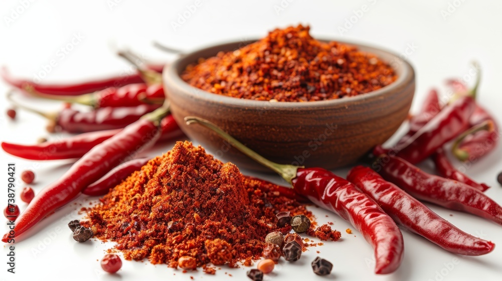 A wooden bowl filled with red chili powder, surrounded by whole red chilies and black peppercorns A wooden bowl filled with red chili powder, surrounded by whole red chilies and black peppercorns