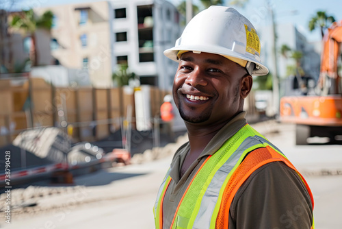 Smiling construction worker wearing a white hard hat and reflective vest 