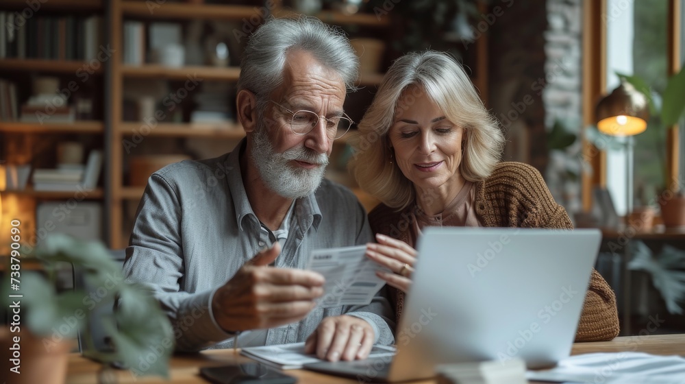 An elderly couple attentively reviews documents together in front of a laptop in a cozy, well-lit room