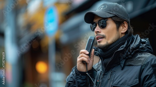 A man wearing sunglasses and a cap talks on a walkie-talkie in an urban setting
