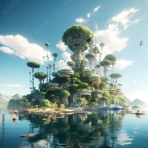 Floating city powered by renewable energy.