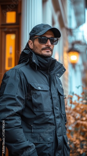 A man wearing a black jacket, sunglasses, and cap stands confidently on an urban street, autumn vibes