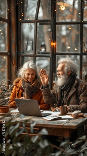 Two elderly people are sitting at a table, smiling, with a laptop, in a cozy cafe