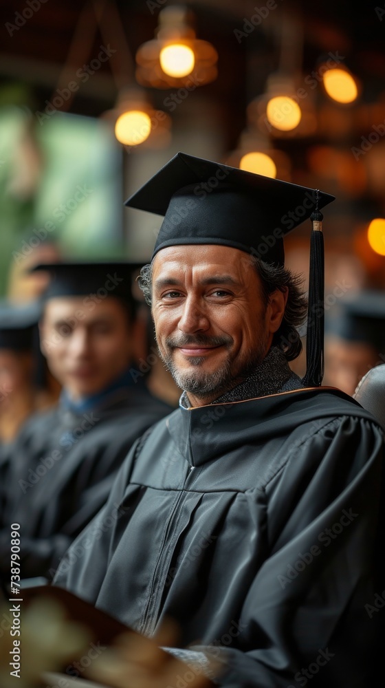 A smiling man in a graduation cap and gown with other graduates blurred in the background