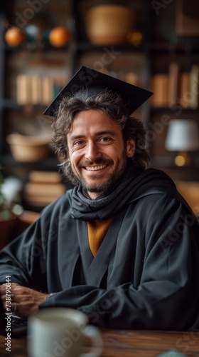 A cheerful graduate in a black cap and gown smiles, sitting in a cozy, book-filled room