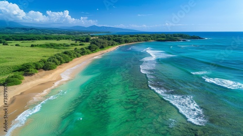 Aerial view of a beach where the emerald sea waves form intricate patterns as they meet the shore, the clear sky above offering a striking contrast
