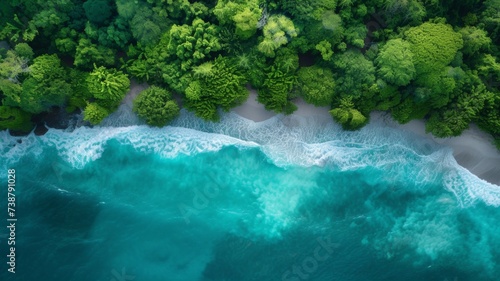 Aerial view of a beach where the emerald sea waves form intricate patterns as they meet the shore  the clear sky above offering a striking contrast