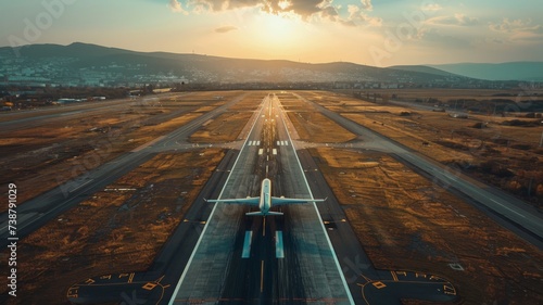 Aerial view of an airplane landing on a runway, intricate details of the airport layout visible, clear blue sky, precise shadow casting on the ground