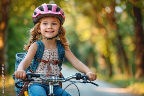 A fearless young girl glides through the outdoors, her bicycle wheel spinning against the backdrop of towering trees, her helmet and bike frame serving as symbols of freedom and adventure