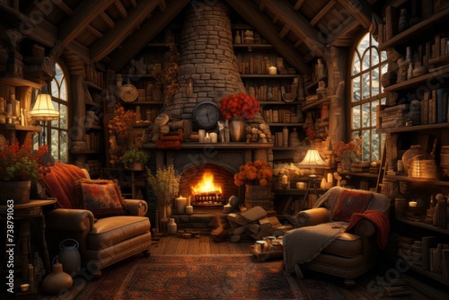 A cozy living room with hardwood furniture, brick fireplace, and warm heat
