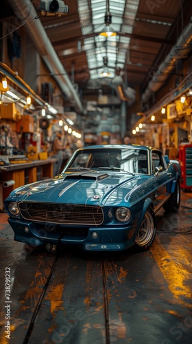 A classic blue muscle car with white stripes sits in a well-lit, bustling industrial garage