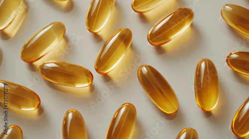 Omega-3 capsules on white background. Fish oil in pills. Top view. photo