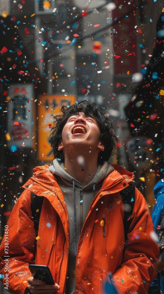 A joyful person in an orange jacket is looking upwards amidst falling confetti, holding a smartphone