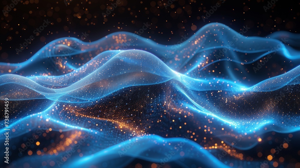 This image depicts flowing blue light patterns resembling waves, interspersed with sparkling particles on a dark background