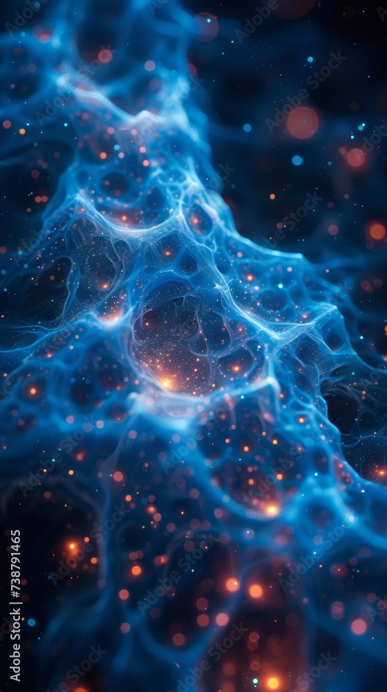 The image depicts a blue, glowing, neural network-like structure against a dark background with floating particles The image depicts a blue, glowing, neural network-like structure against a dark background with floating particles
