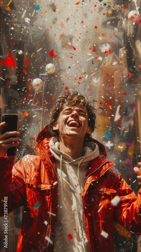 Person in a red jacket enjoying a festive moment with colorful confetti falling around, expressing joy
