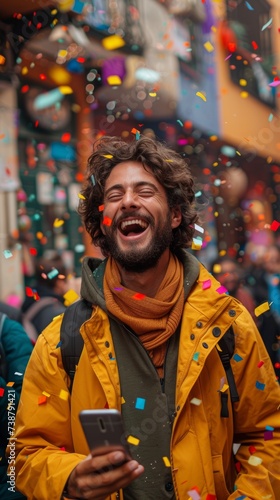 A joyful man with a beard smiles holding a phone amidst colorful confetti falling around him