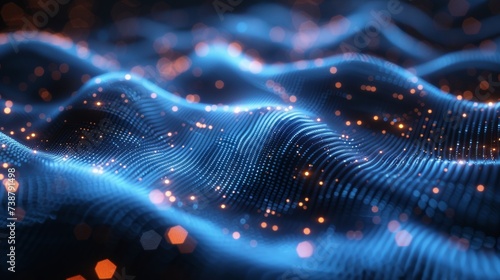 This image shows a digital abstract wave pattern composed of glowing blue dots with bokeh effects