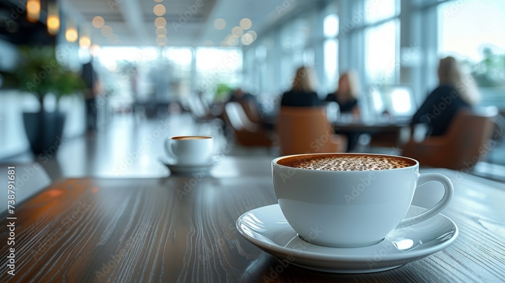 A coffee cup in sharp focus on a table with blurry people in a cafe background A coffee cup in sharp focus on a table with blurry people in a cafe background