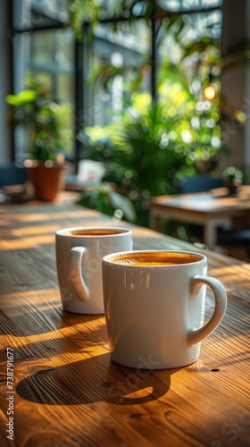 Two white mugs with coffee on a wooden table, sunlight streaming through, indoor plants background