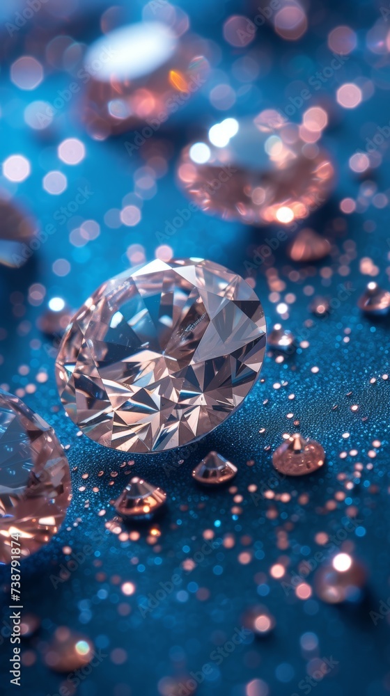 Brilliant cut diamonds scattered gracefully on a shimmering blue surface, evoking luxury and refined elegance