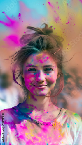 portrait of beautiful girl smiling and playing holi and celebrating with colorful powders
