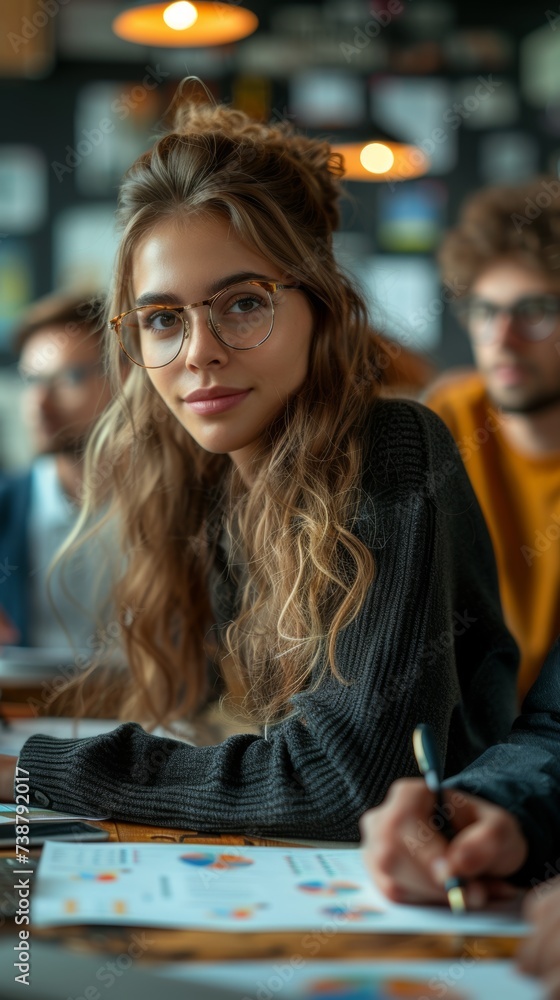 Fototapeta premium A young woman with glasses at a table, holding a pen, in a group setting