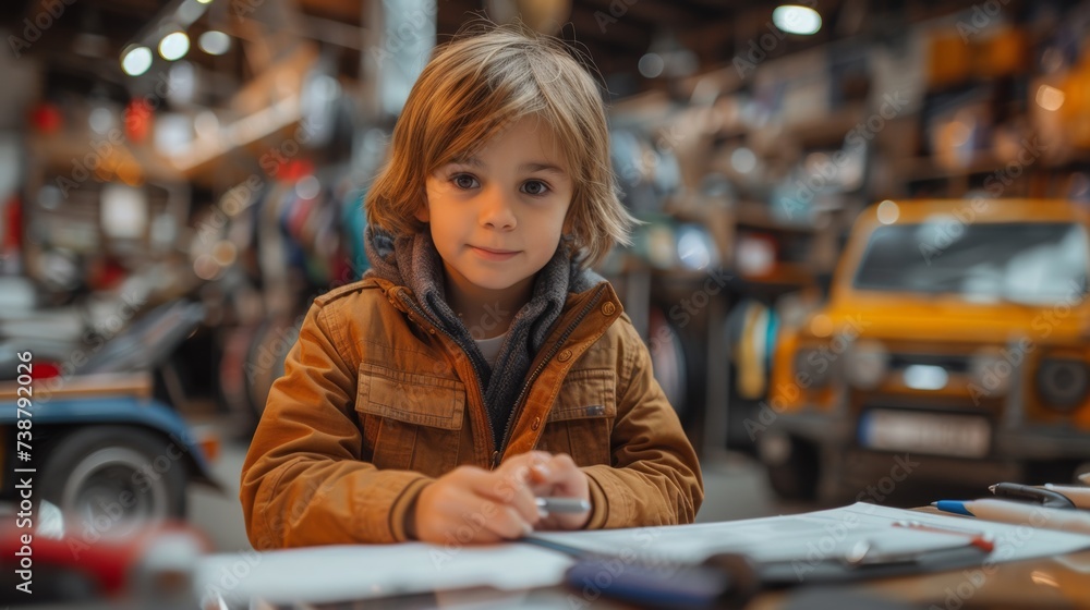 A young child with a pen looks at the camera, surrounded by a blurred workshop background A young child with a pen looks at the camera, surrounded by a blurred workshop background