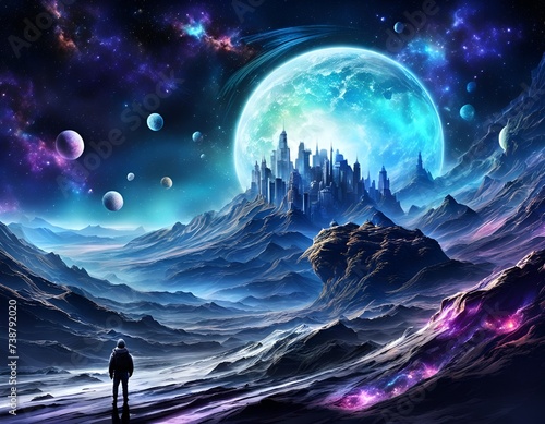 Travel to another planet in space, fantasy world background