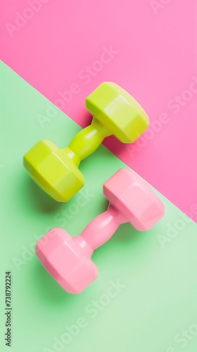Colored dumbbells on a colored background for sports. Healthy lifestyle. AI generated.