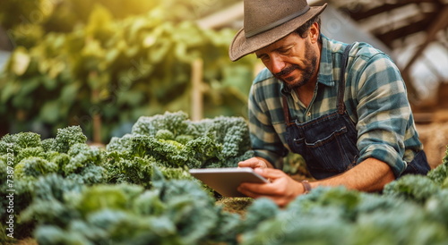 Farmer using a tablet in the field, checking organic kale, with a focus on sustainable agriculture.