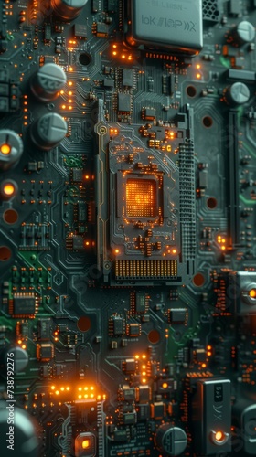The image shows a detailed close-up of a computer motherboard with circuits, chips, and glowing lights