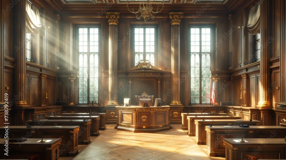 An opulent courtroom with wooden paneling, a judge's bench, sunlight streaming through windows, and empty jury seats