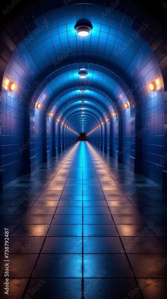 A symmetrical view of a blue-tiled underground tunnel with lights reflecting on glossy floor tiles